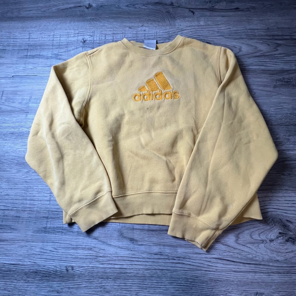 Adidas Sweatshirt Mens L Yellow Embroidered Logo Pullover Crewneck Sporty M66